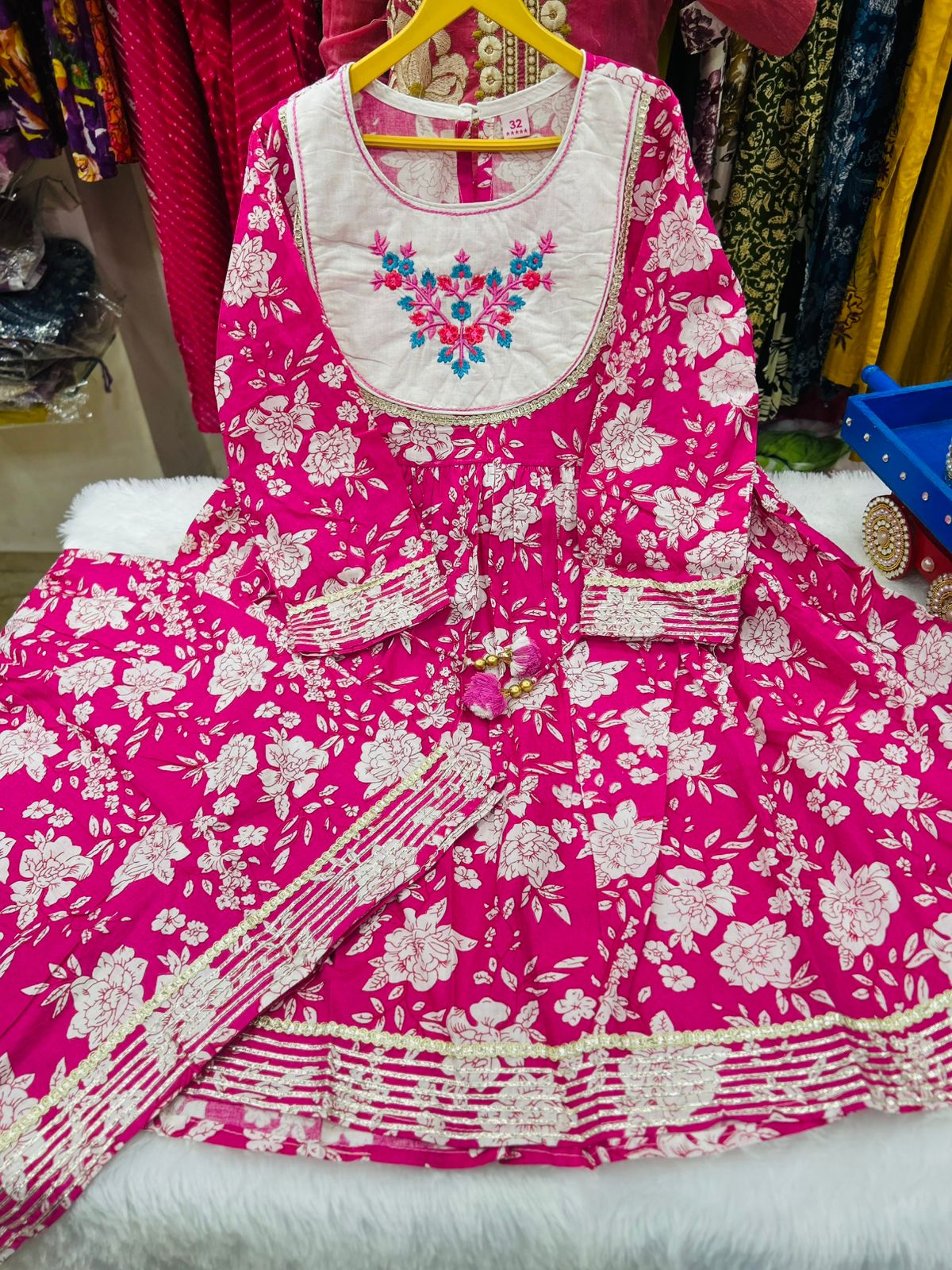 Kids festive sarara set 
Pure cotton designer kurti with flairy sarara all over lace n work